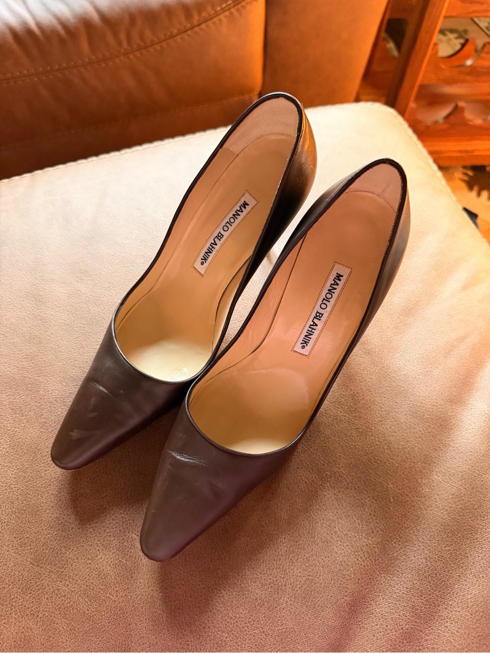 Manolo Blahnik Brown Pointed-Toe Leather Pumps